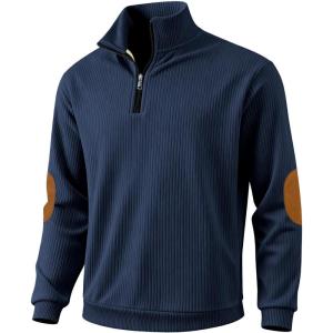 Men’s Corduroy Quarter Zip Pullover – Slim Fit Long Sleeve Lightweight Sweatshirt for Spring(Navy)