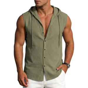 Mens Linen Sleeveless Hoodies Button Down Tank Shirt Summer Casual Beach Lightweight Hawaiian Fashion Tops(Army Green)
