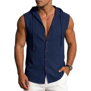 Mens Linen Sleeveless Hoodies Button Down Tank Shirt Summer Casual Beach Lightweight Hawaiian Fashion Tops(Navy)