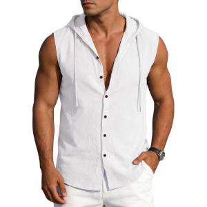 Mens Linen Sleeveless Hoodies Button Down Tank Shirt Summer Casual Beach Lightweight Hawaiian Fashion Tops(White)