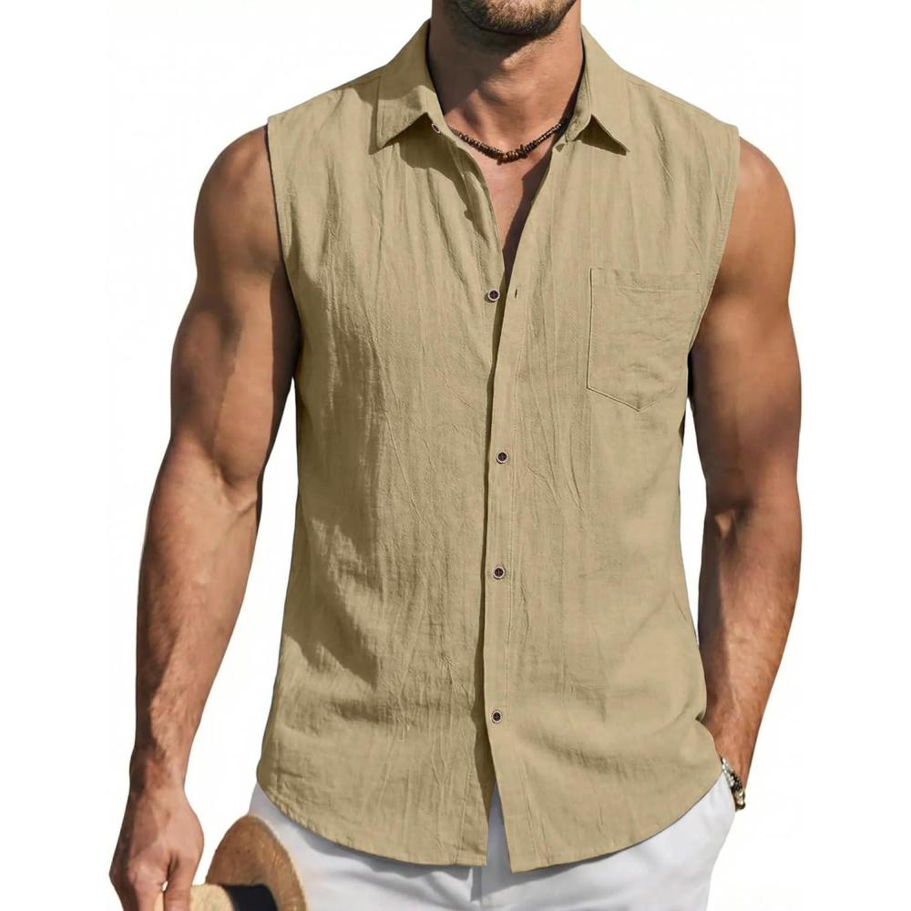 image:imageMens Linen Sleeveless Hoodies Button Down Tank Shirt Summer Casual Beach Lightweight Hawaiian Fashion TopsAll Beige