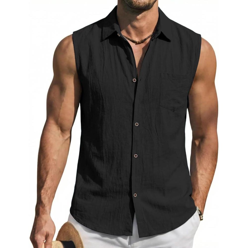 image:imageMens Linen Sleeveless Hoodies Button Down Tank Shirt Summer Casual Beach Lightweight Hawaiian Fashion TopsAll Black