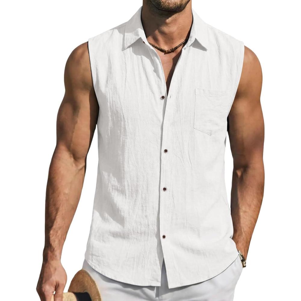 image:imageMens Linen Sleeveless Hoodies Button Down Tank Shirt Summer Casual Beach Lightweight Hawaiian Fashion TopsAll White