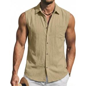 Mens Linen Sleeveless Hoodies Button Down Tank Shirt Summer Casual Beach Lightweight Hawaiian Fashion Tops(All Beige)