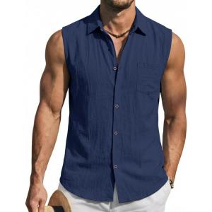 Mens Linen Sleeveless Hoodies Button Down Tank Shirt Summer Casual Beach Lightweight Hawaiian Fashion Tops(All Navy)