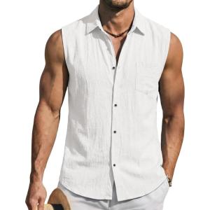 Mens Linen Sleeveless Hoodies Button Down Tank Shirt Summer Casual Beach Lightweight Hawaiian Fashion Tops(All White)
