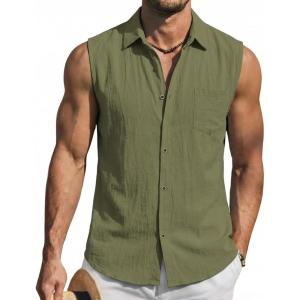 Mens Linen Sleeveless Hoodies Button Down Tank Shirt Summer Casual Beach Lightweight Hawaiian Fashion Tops(Green)