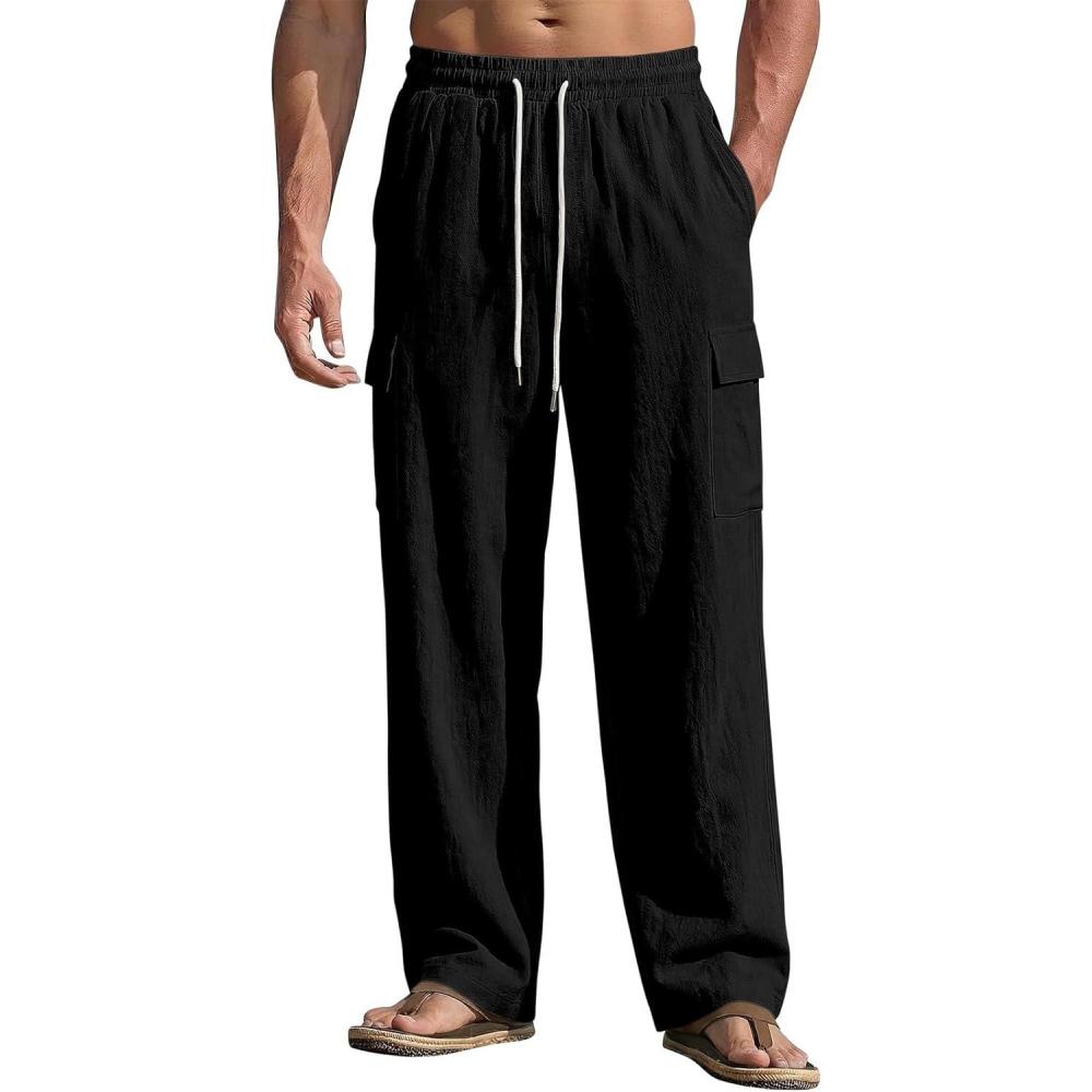 image:imageMens Linen Pants Casual Summer Beach Pants Lightweight Elastic Waist Drawstring Cargo Yoga Trousers with PocketsBlack