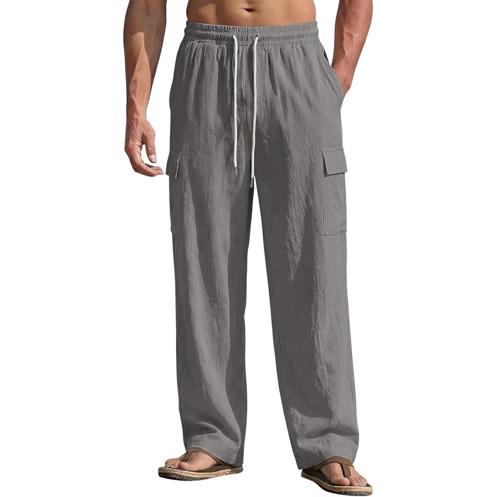 image:imageMens Linen Pants Casual Summer Beach Pants Lightweight Elastic Waist Drawstring Cargo Yoga Trousers with PocketsGrey