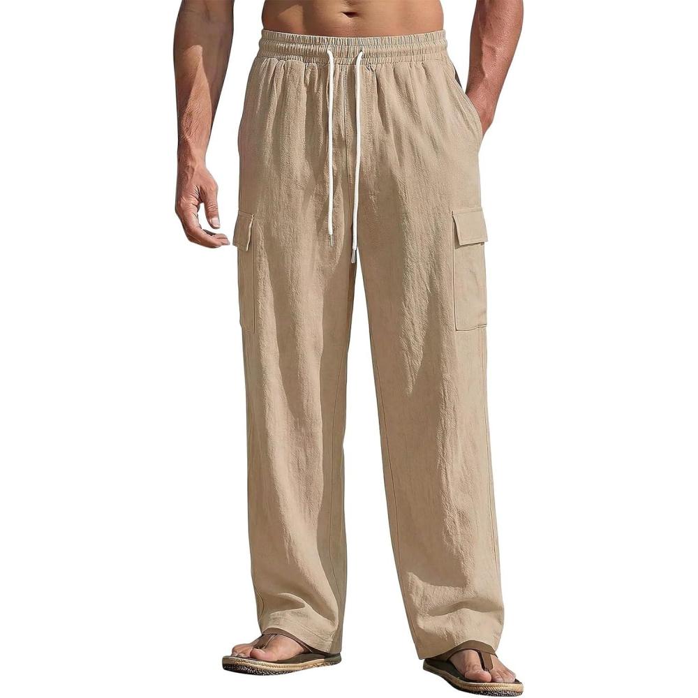 image:imageMens Linen Pants Casual Summer Beach Pants Lightweight Elastic Waist Drawstring Cargo Yoga Trousers with PocketsKhaki