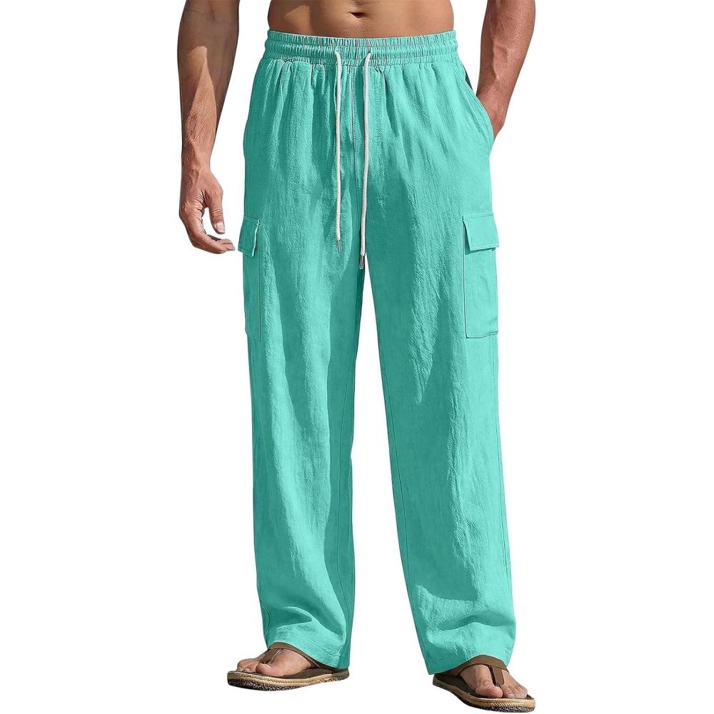image:imageMens Linen Pants Casual Summer Beach Pants Lightweight Elastic Waist Drawstring Cargo Yoga Trousers with PocketsLake Blue