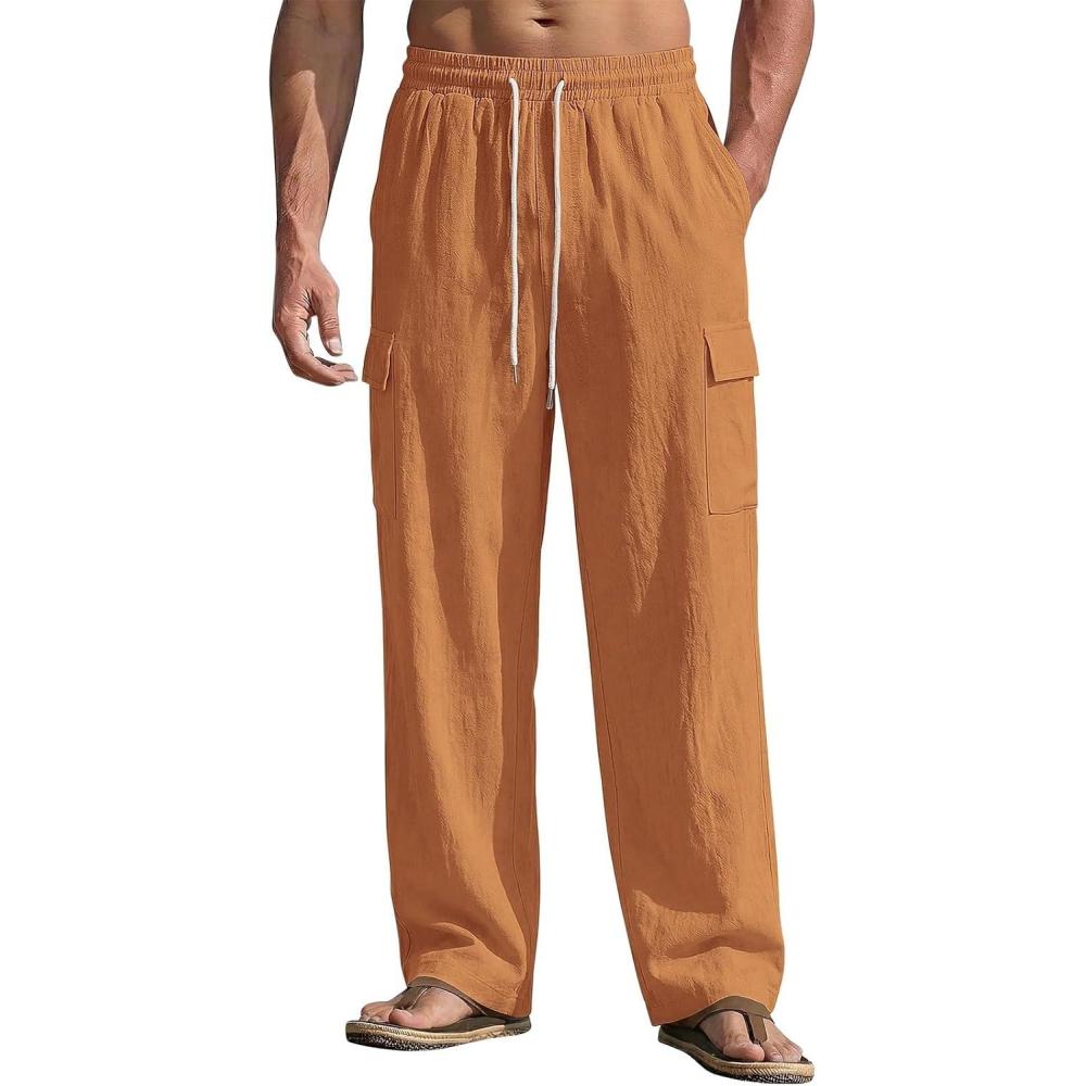 image:imageMens Linen Pants Casual Summer Beach Pants Lightweight Elastic Waist Drawstring Cargo Yoga Trousers with PocketsTerrestrial Yellow