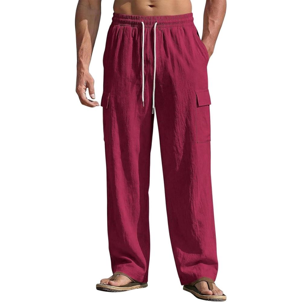 image:imageMens Linen Pants Casual Summer Beach Pants Lightweight Elastic Waist Drawstring Cargo Yoga Trousers with PocketsWine Red