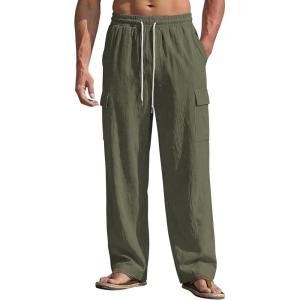 Men’s Linen Pants Casual Summer Beach Pants Lightweight Elastic Waist Drawstring Cargo Yoga Trousers with Pockets(Army Green)