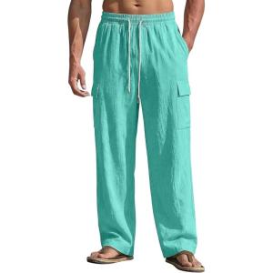 Men’s Linen Pants Casual Summer Beach Pants Lightweight Elastic Waist Drawstring Cargo Yoga Trousers with Pockets(Lake Blue)