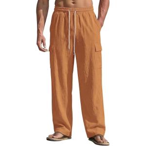 Men’s Linen Pants Casual Summer Beach Pants Lightweight Elastic Waist Drawstring Cargo Yoga Trousers with Pockets(Terrestrial Yellow)
