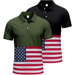Golf Shirts for Men 2 Pack Print American Flag Short Sleeve Dry Fit Moisture Wicking Performance Polo Shirts(Black+army Green)