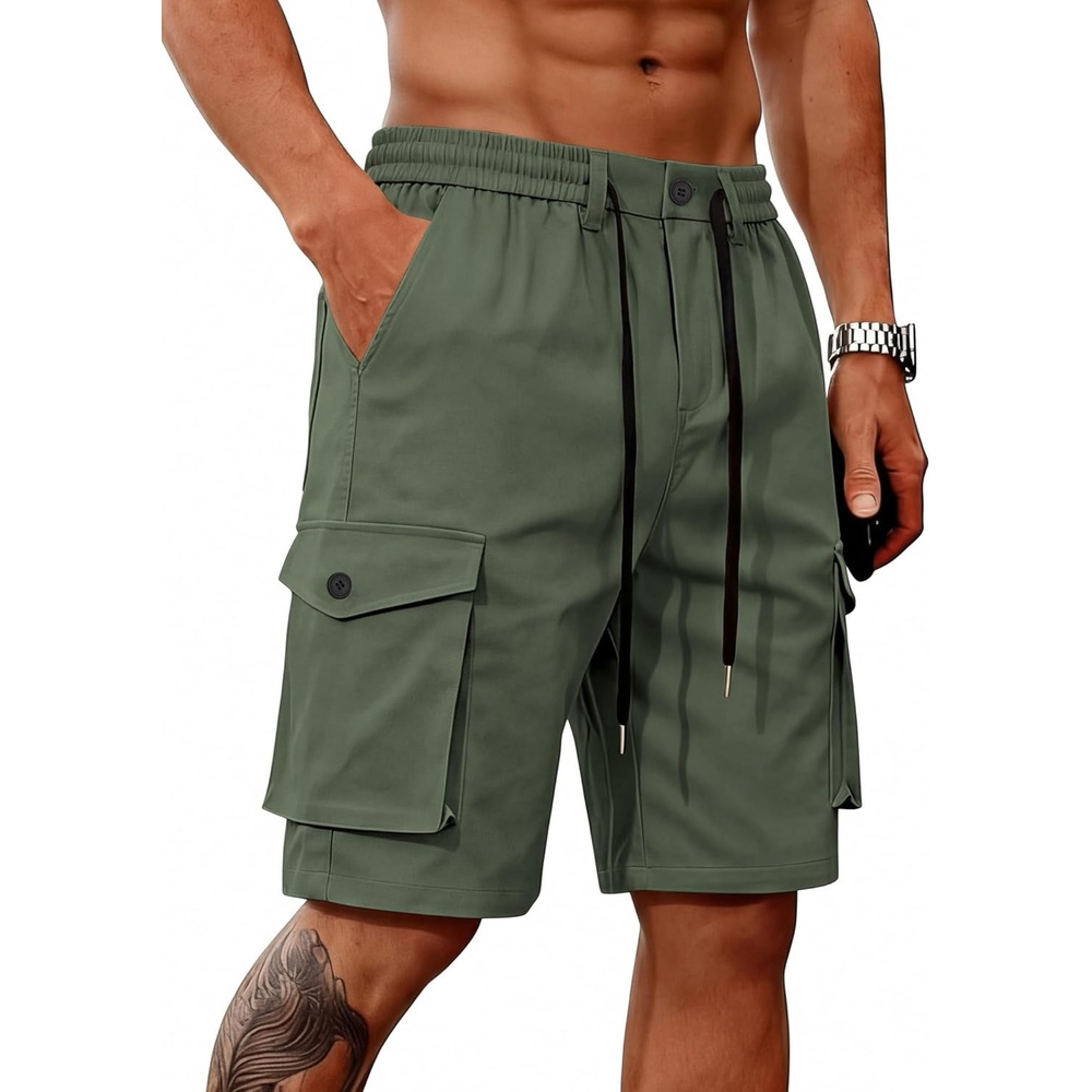 image:imageMens Cargo Shorts Casual Lightweight Button Drawstring Outdoor Hiking Work Shorts with 6 PocketsArmy Green
