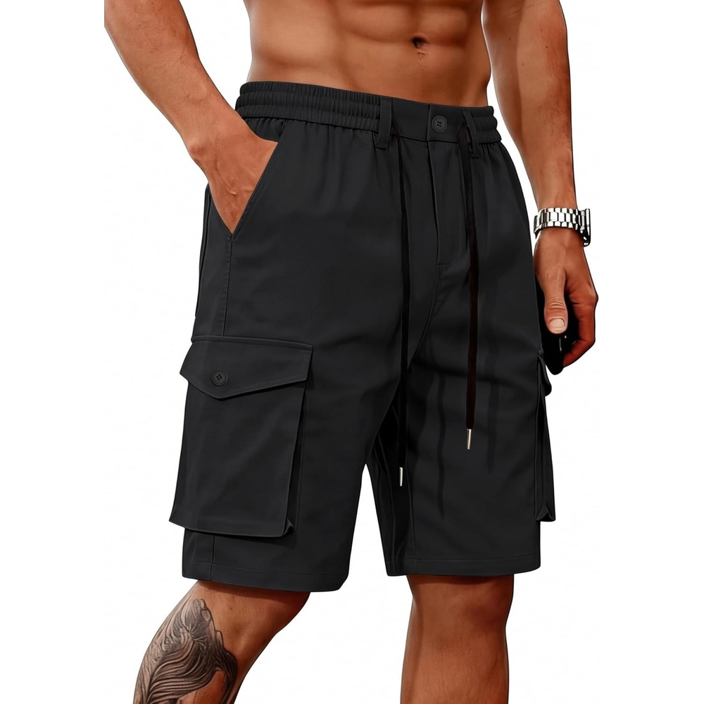 image:imageMens Cargo Shorts Casual Lightweight Button Drawstring Outdoor Hiking Work Shorts with 6 PocketsBlack
