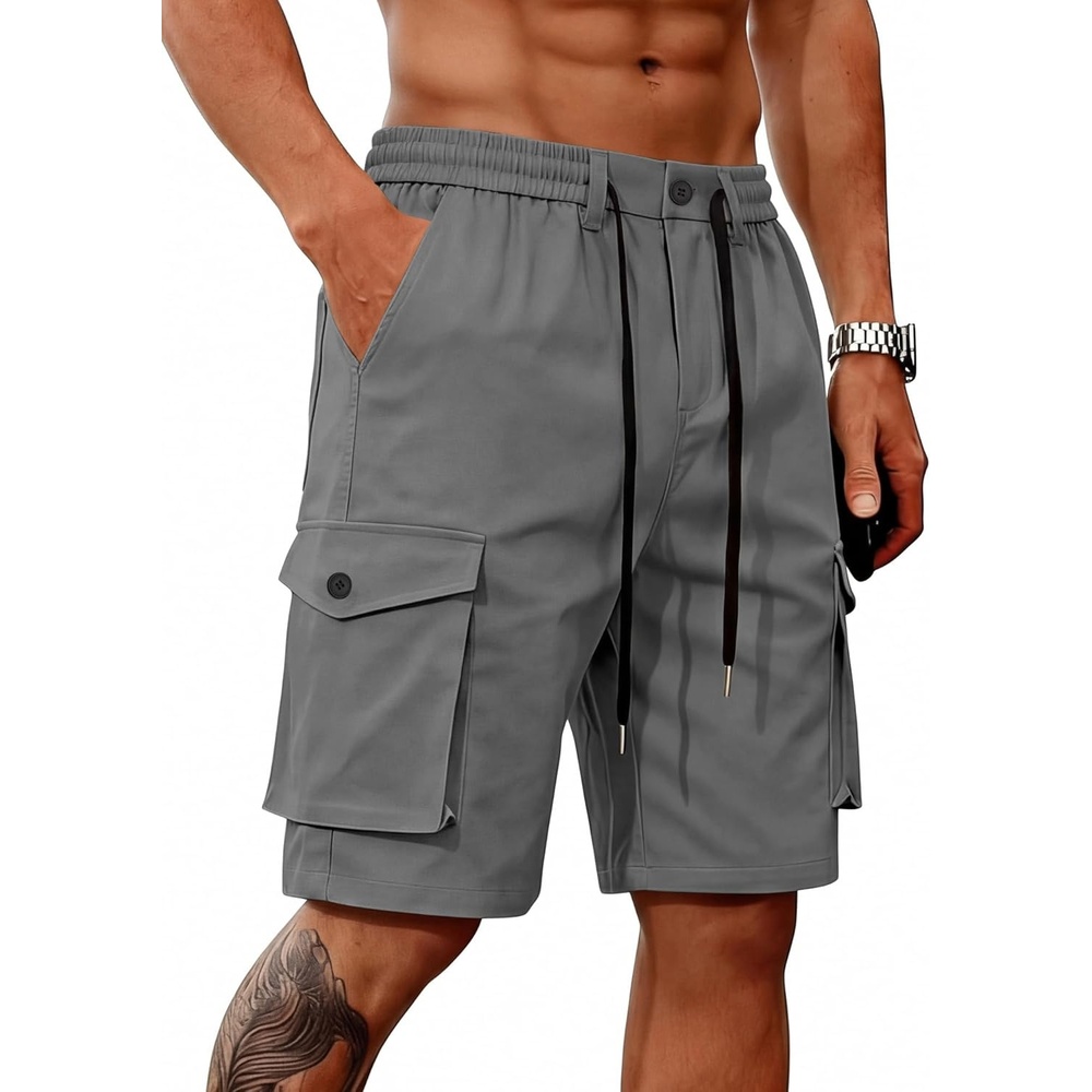 image:imageMens Cargo Shorts Casual Lightweight Button Drawstring Outdoor Hiking Work Shorts with 6 PocketsDark Grey