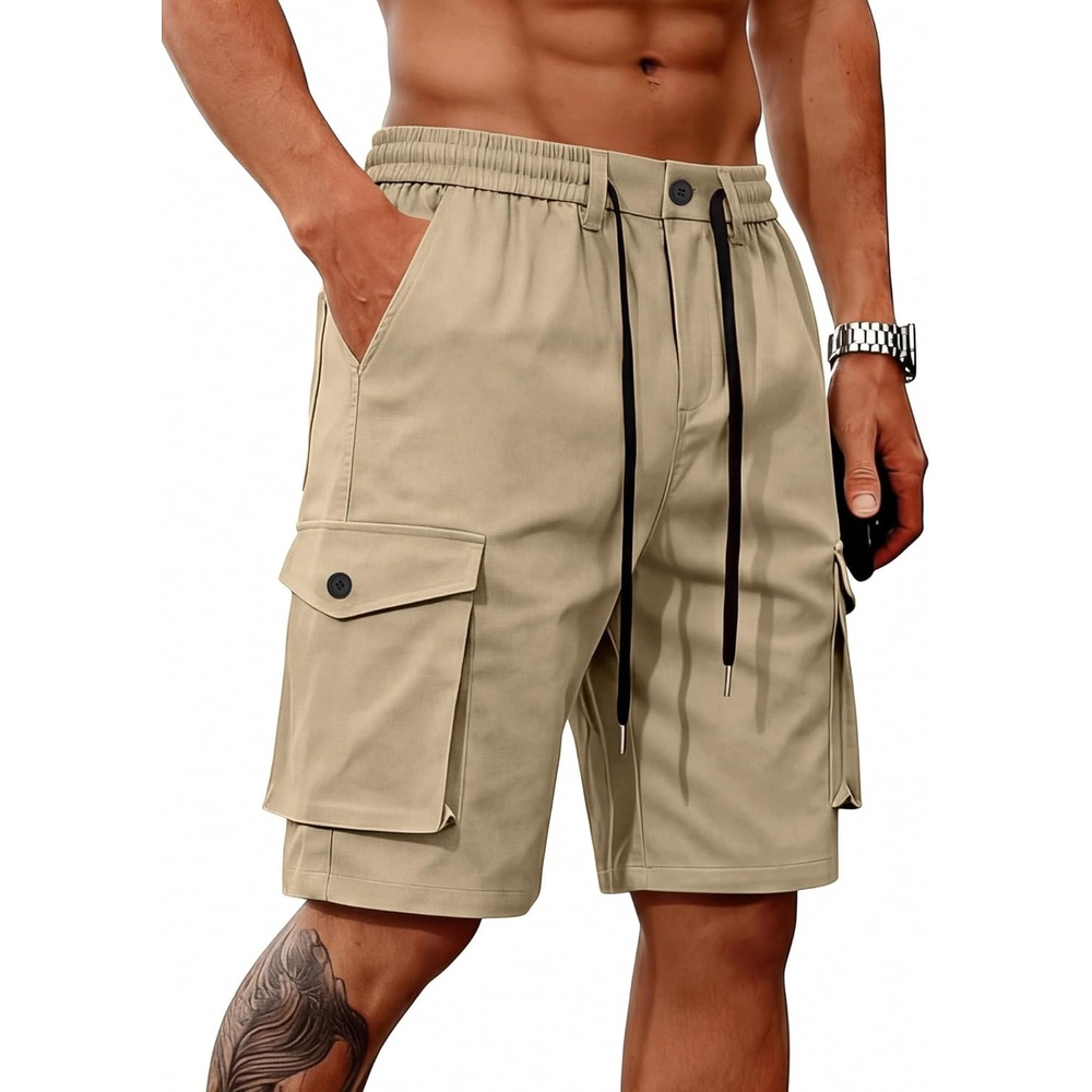 image:imageMens Cargo Shorts Casual Lightweight Button Drawstring Outdoor Hiking Work Shorts with 6 PocketsKhaki