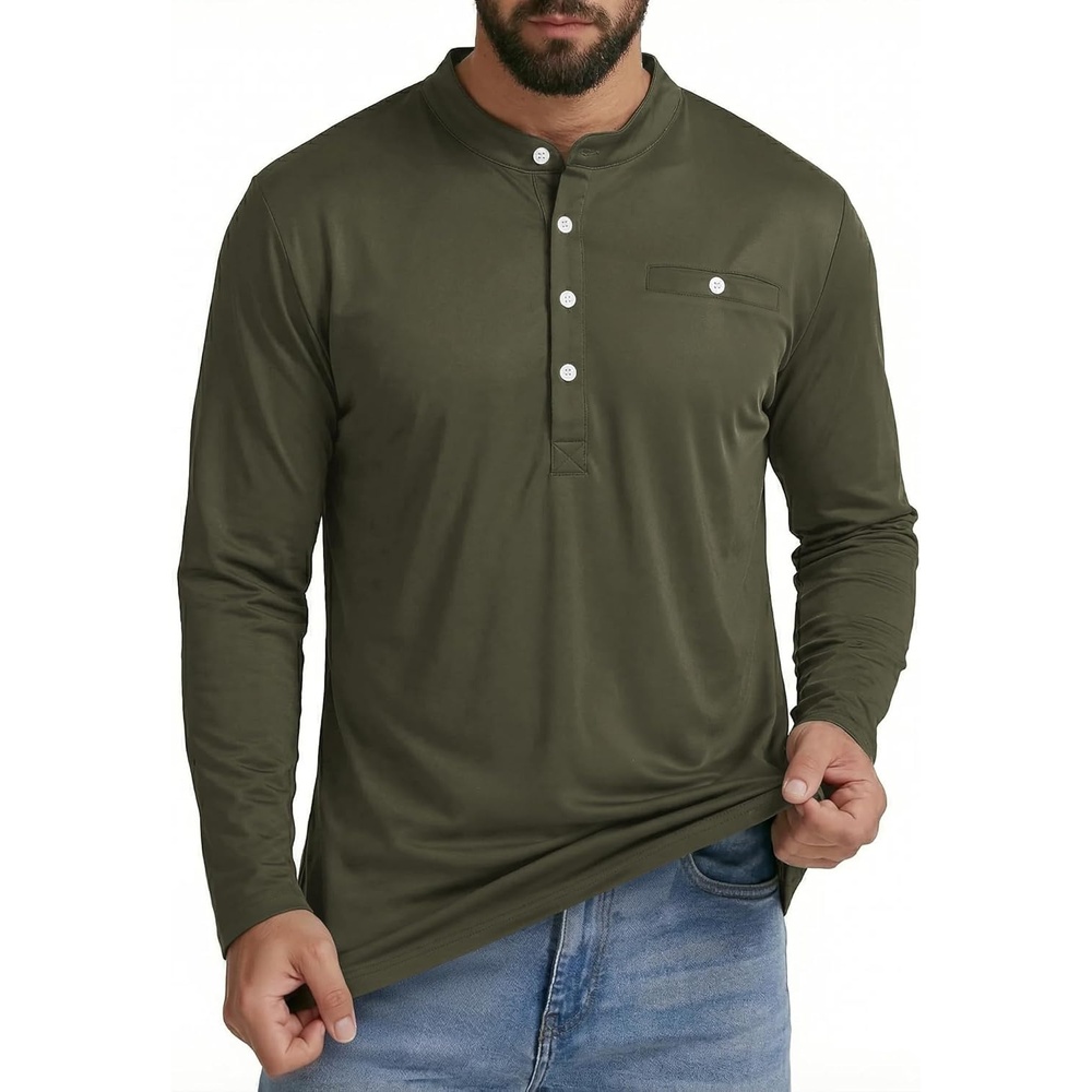 image:imageMens Henley Shirts Casual Long Sleeve Button TShirt Lightweight Pullover Shirt with PocketArmy Green