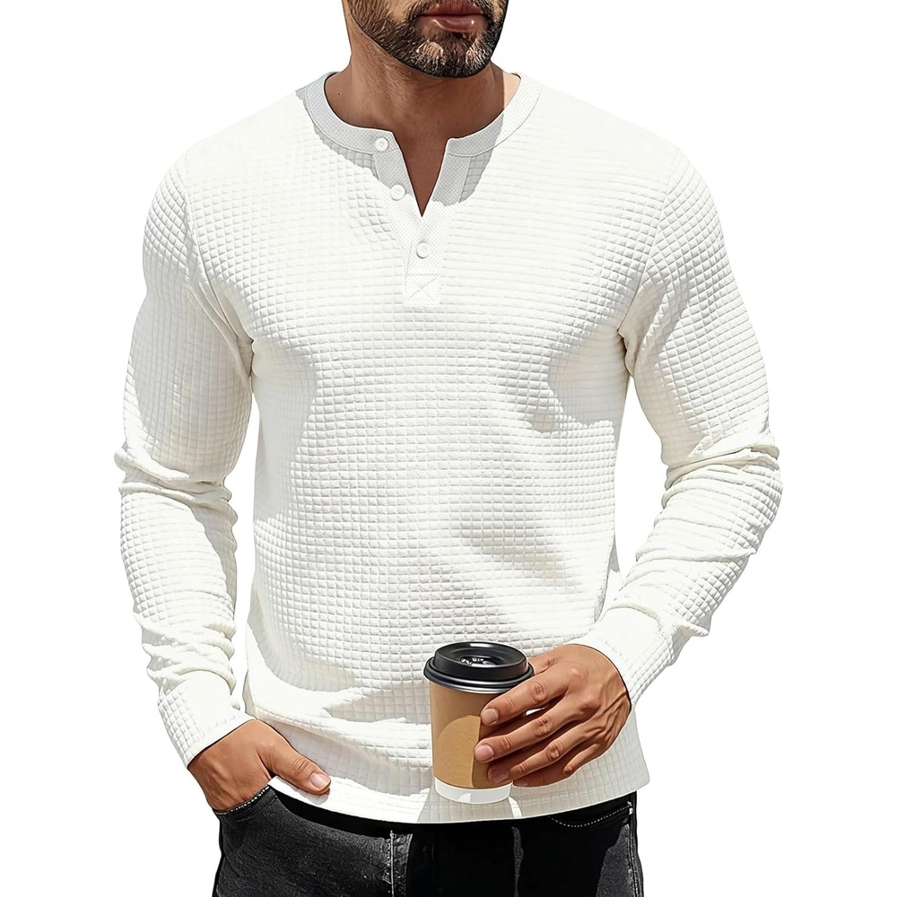 image:imageMens Henley Shirts Long Sleeve Casual Waffle TShirts Button Pullover Sweaters Tee ShirtWhite