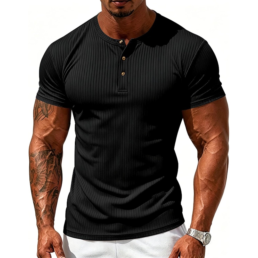 image:imageMens Henley T Shirts 3Button Striped Tees with Stretch Casual Summer Tops Quick Dry for Hiking Gym amp WorkoutBlack