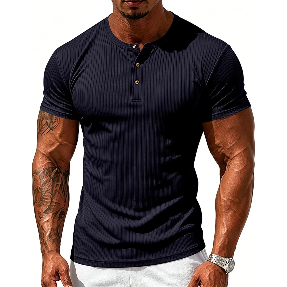 image:imageMens Henley T Shirts 3Button Striped Tees with Stretch Casual Summer Tops Quick Dry for Hiking Gym amp WorkoutNavy Blue
