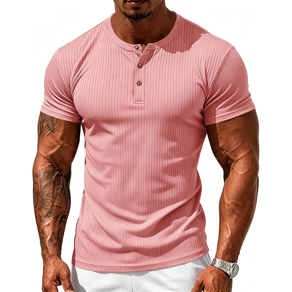 image:imageMens Henley T Shirts 3Button Striped Tees with Stretch Casual Summer Tops Quick Dry for Hiking Gym amp WorkoutPink
