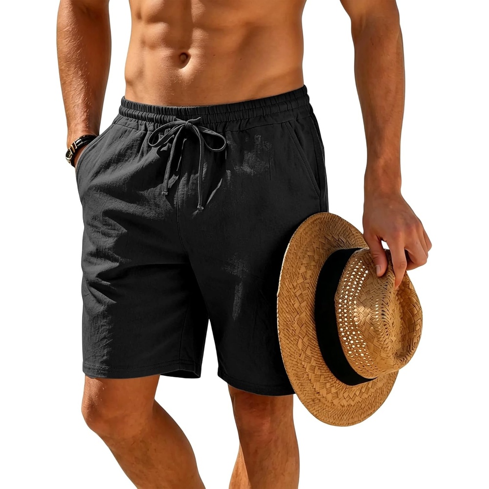 image:imageMens Linen Shorts Casual Drawstring Elastic Waist Lightweight Breathable 7 Inch Inseam Summer Beach ShortsBlack