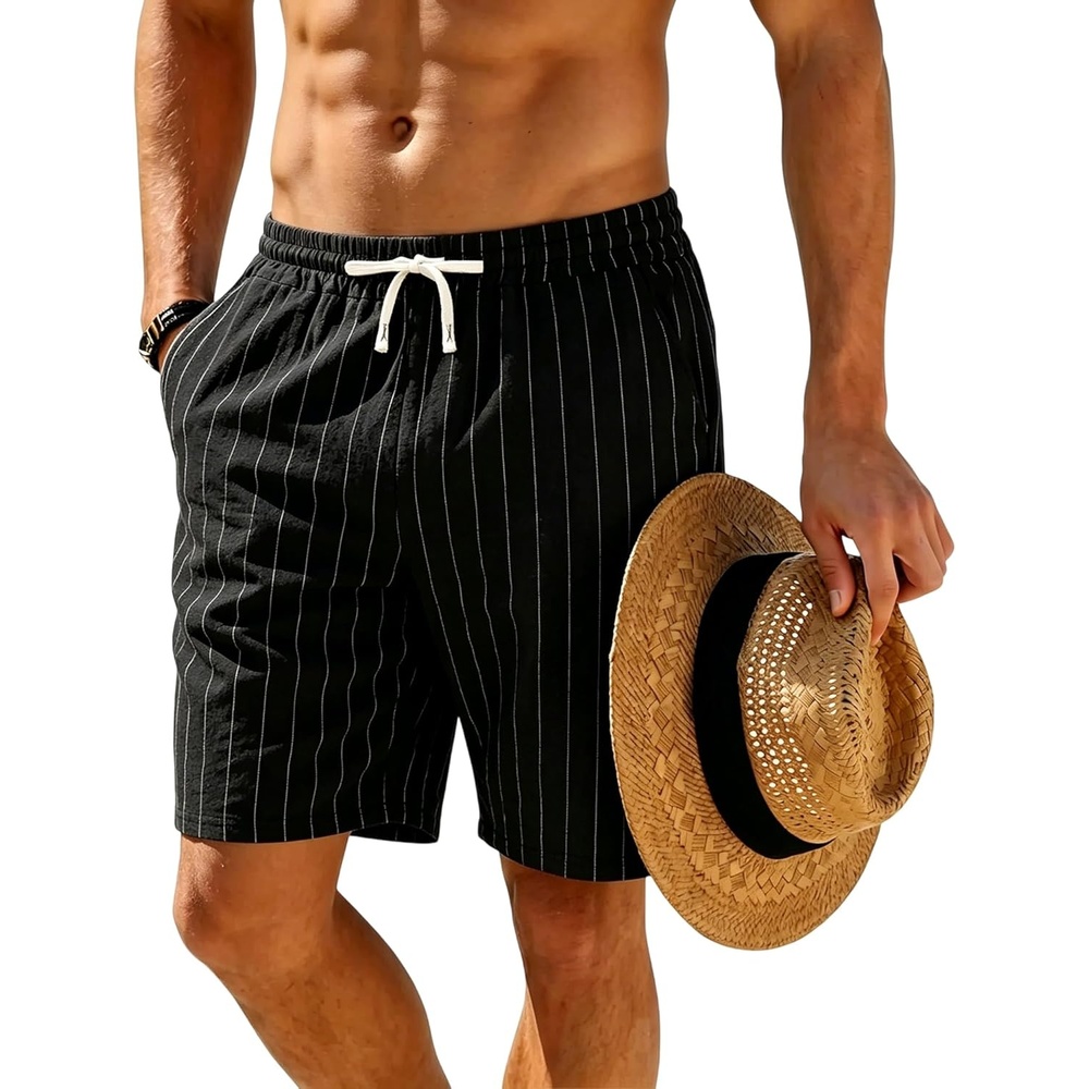 image:imageMens Linen Shorts Casual Drawstring Elastic Waist Lightweight Breathable 7 Inch Inseam Summer Beach ShortsBlack Stripes