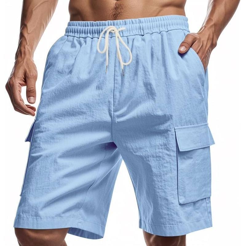 image:imageMens Linen Shorts Casual Drawstring Elastic Waist Lightweight Breathable 7 Inch Inseam Summer Beach ShortsLight Blue