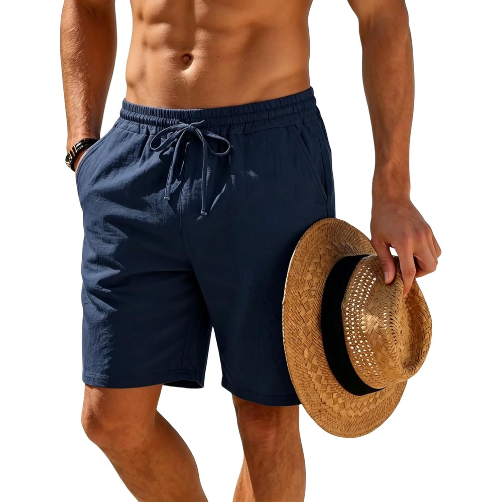 image:imageMens Linen Shorts Casual Drawstring Elastic Waist Lightweight Breathable 7 Inch Inseam Summer Beach ShortsNavy Blue