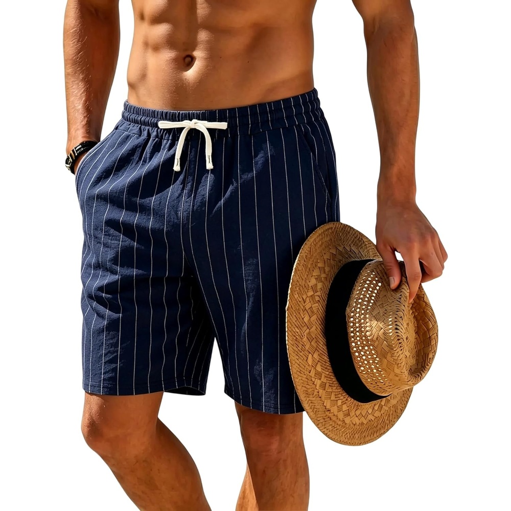 image:imageMens Linen Shorts Casual Drawstring Elastic Waist Lightweight Breathable 7 Inch Inseam Summer Beach ShortsNavy Stripes