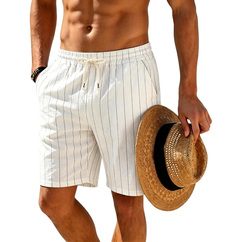 image:imageMens Linen Shorts Casual Drawstring Elastic Waist Lightweight Breathable 7 Inch Inseam Summer Beach ShortsWhite Stripes