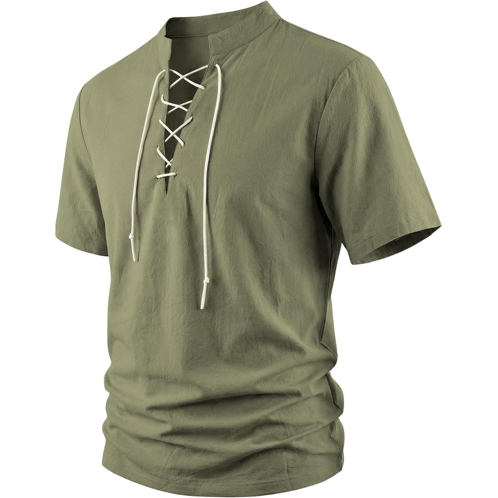 image:imageMens Pirate Shirt Renaissance Costume Medieval Viking Long Sleeve Cotton Linen Lace up Shirt Halloween Cosplay CostumeGreen