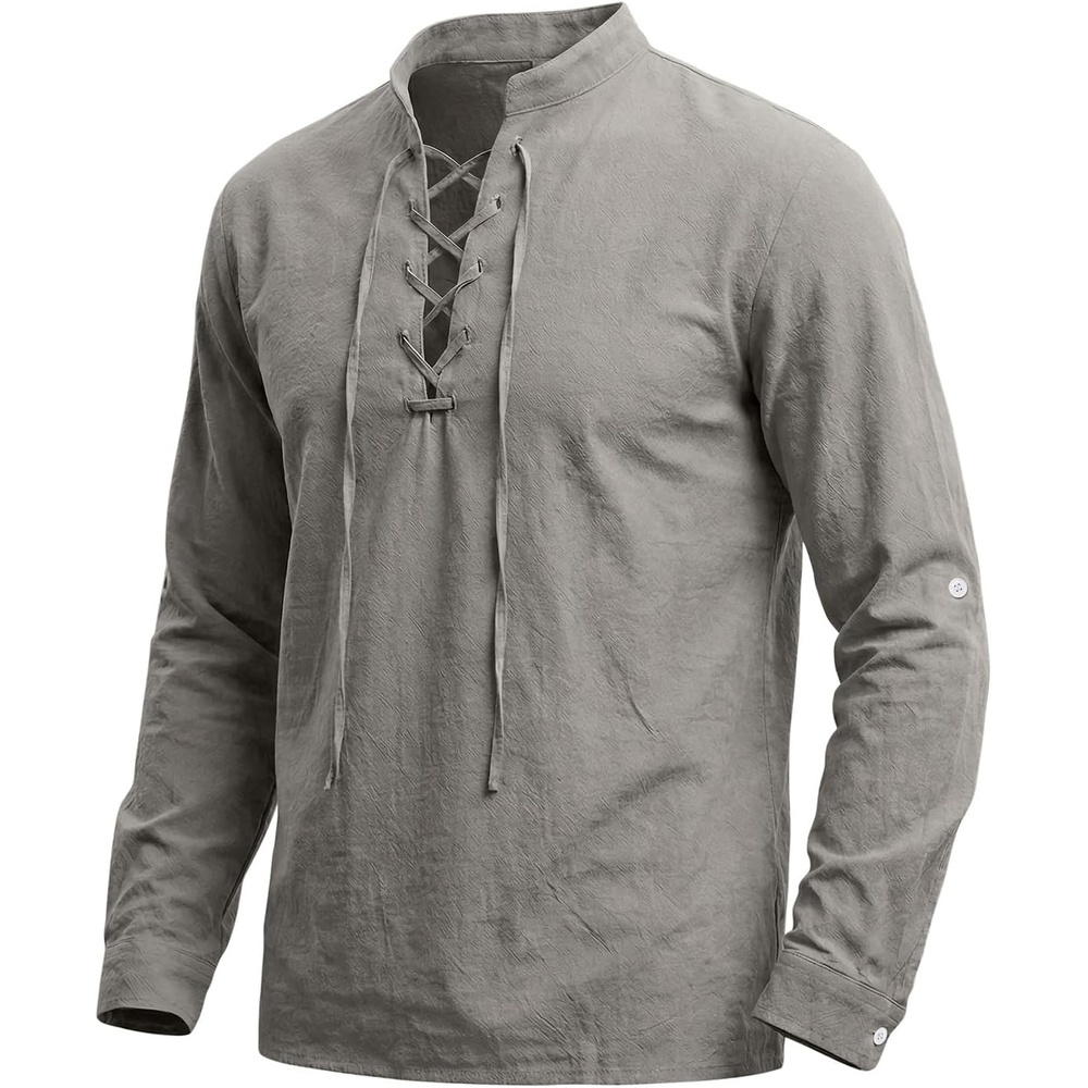 image:imageMens Pirate Shirt Renaissance Costume Medieval Viking Long Sleeve Cotton Linen Lace up Shirt Halloween Cosplay CostumeGrey
