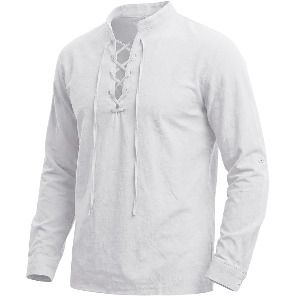 image:imageMens Pirate Shirt Renaissance Costume Medieval Viking Long Sleeve Cotton Linen Lace up Shirt Halloween Cosplay CostumeWhite