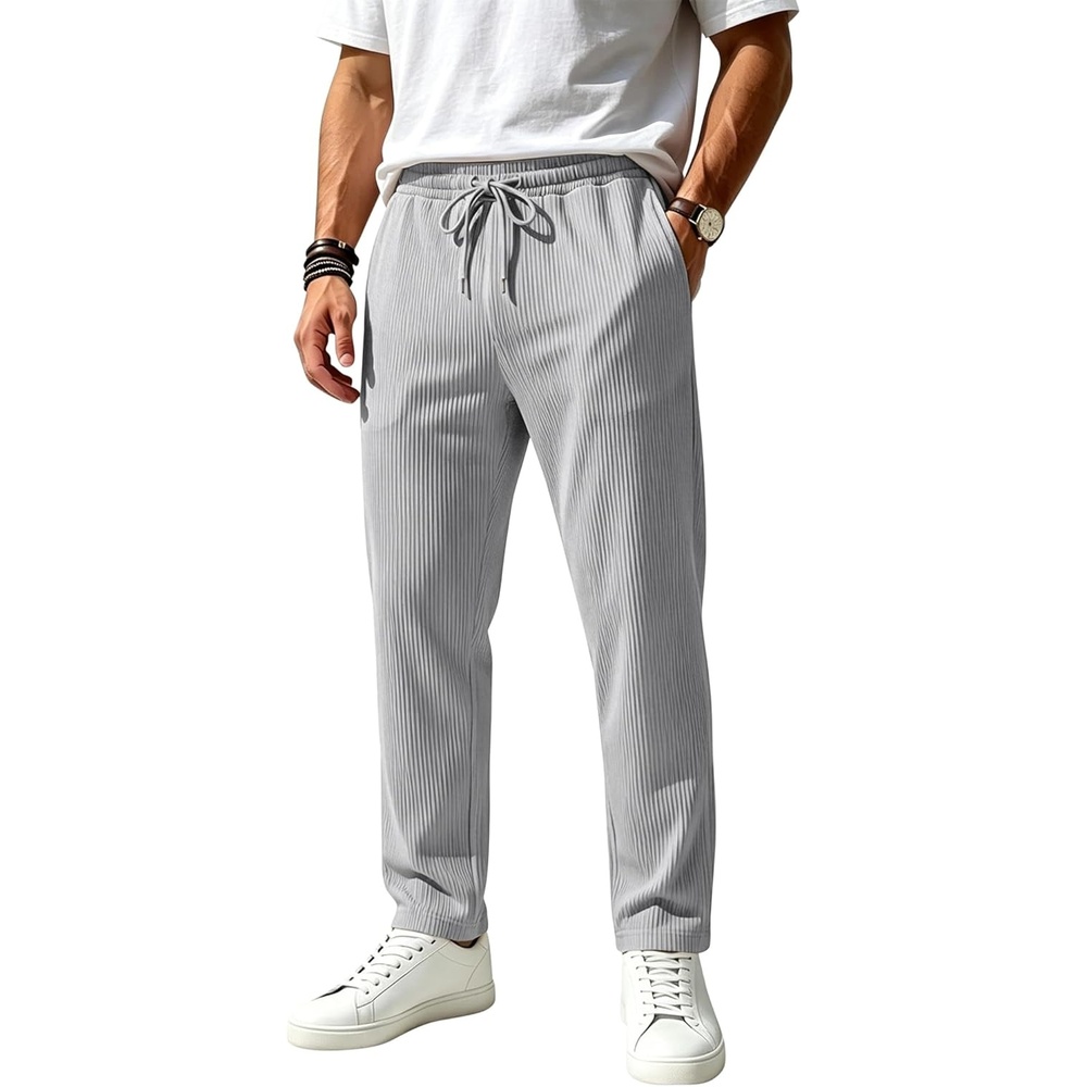 image:imageMens Striped Sweatpants Baggy Wide Leg Casual Pants Loose fit with Elastic Waist and PocketsLight Gray