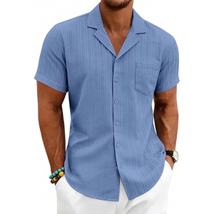 Men’s Casual Button Down Shirts Short Sleeve Textured Summer Hawaiian Beach Shirt with Pocket(Dark Blue)