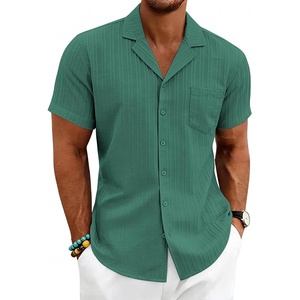 Men’s Casual Button Down Shirts Short Sleeve Textured Summer Hawaiian Beach Shirt with Pocket(Green)