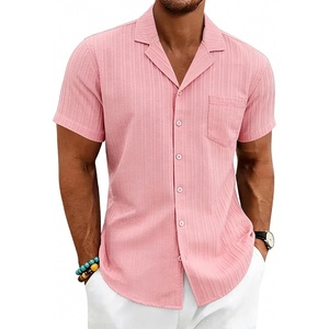 Men’s Casual Button Down Shirts Short Sleeve Textured Summer Hawaiian Beach Shirt with Pocket(Pink)
