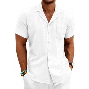 Men’s Casual Button Down Shirts Short Sleeve Textured Summer Hawaiian Beach Shirt with Pocket(White)