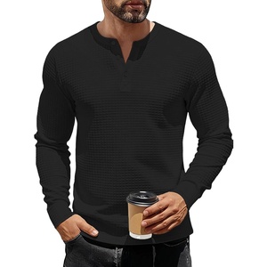 Men’s Henley Shirts Long Sleeve Casual Waffle T-Shirts Button Pullover Sweaters Tee Shirt(Black)
