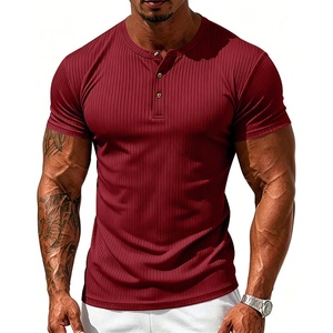 Men’s Henley T Shirts, 3-Button Striped Tees with Stretch, Casual Summer Tops, Quick Dry for Hiking, Gym & Workout(Burgundy)