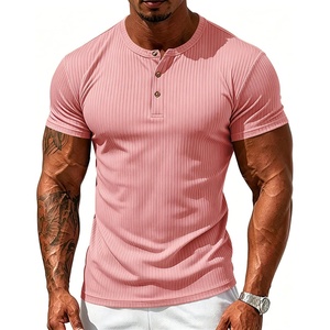 Men’s Henley T Shirts, 3-Button Striped Tees with Stretch, Casual Summer Tops, Quick Dry for Hiking, Gym & Workout(Pink)