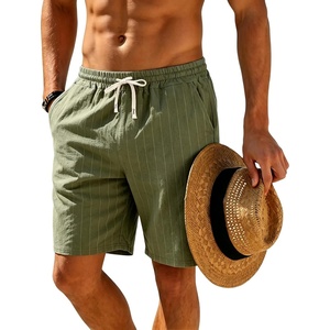 Mens Linen Shorts Casual Drawstring Elastic Waist Lightweight Breathable 7 Inch Inseam Summer Beach Shorts(Green Stripes)
