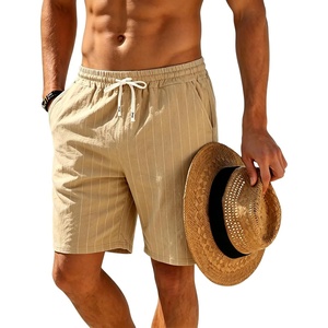 Mens Linen Shorts Casual Drawstring Elastic Waist Lightweight Breathable 7 Inch Inseam Summer Beach Shorts(Khaki Stripes)