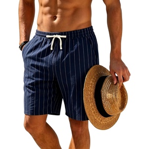 Mens Linen Shorts Casual Drawstring Elastic Waist Lightweight Breathable 7 Inch Inseam Summer Beach Shorts(Navy Stripes)